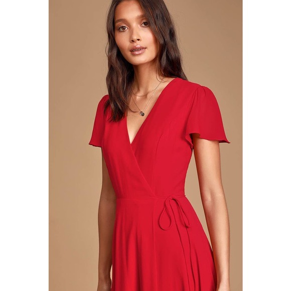 Red Classic Wrap Dress with flutter sleeves. NWT LuLus. Medium - Picture 7 of 10